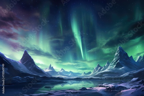 Fantasy landscape with aurora borealis and snowflakes, An icy and frosty texture of a snowflake, AI Generated