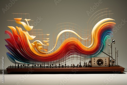 music player with colorful sound wave on gray background. 3d illustration, An imaginative visual representation of sound waves from different musical instruments, AI Generated photo