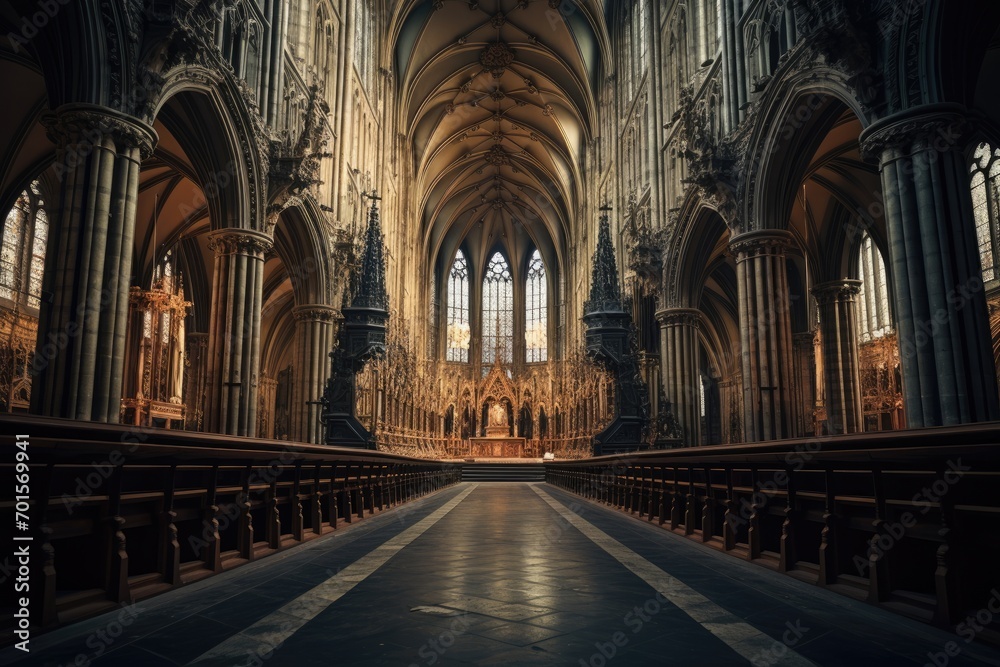 Interior of the Lincoln Cathedral in Lincoln, Lincolnshire, UK, An intricate gothic cathedral interior, AI Generated