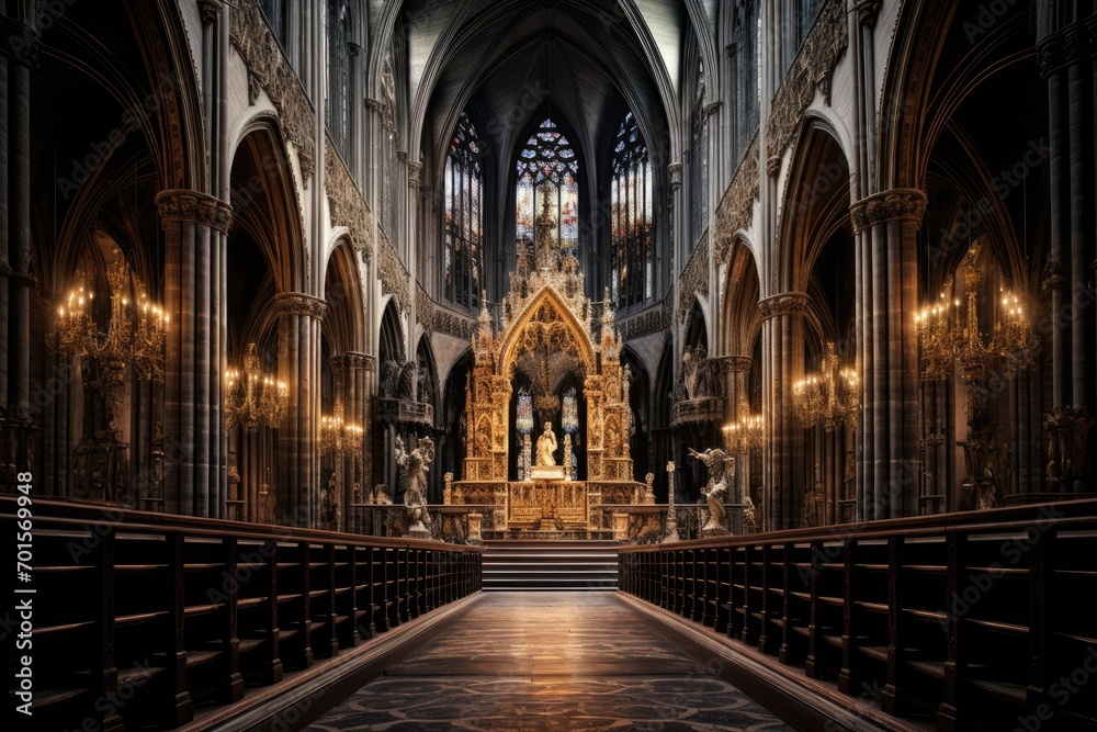 Interior of St. Patrick's Cathedral in Edinburgh, Scotland, An intricate gothic cathedral interior, AI Generated