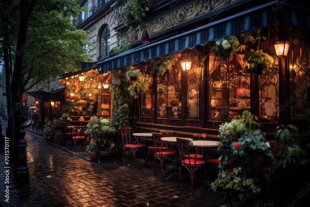Parisian restaurant at night. Paris is the capital and most populous city of France, An inviting vintage café on a rainy street, AI Generated