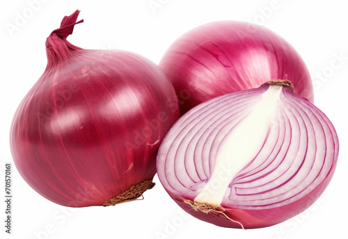 Red whole and sliced onion, isolated on white background