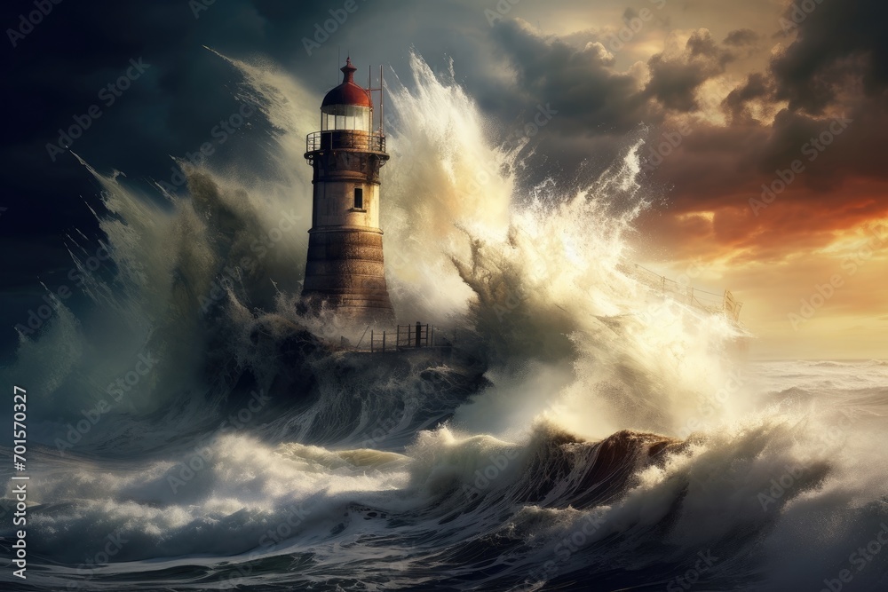 Lighthouse on stormy sea. 3d rendering. Elements of this image furnished by NASA, An old lighthouse during a violent storm with crashing waves, AI Generated
