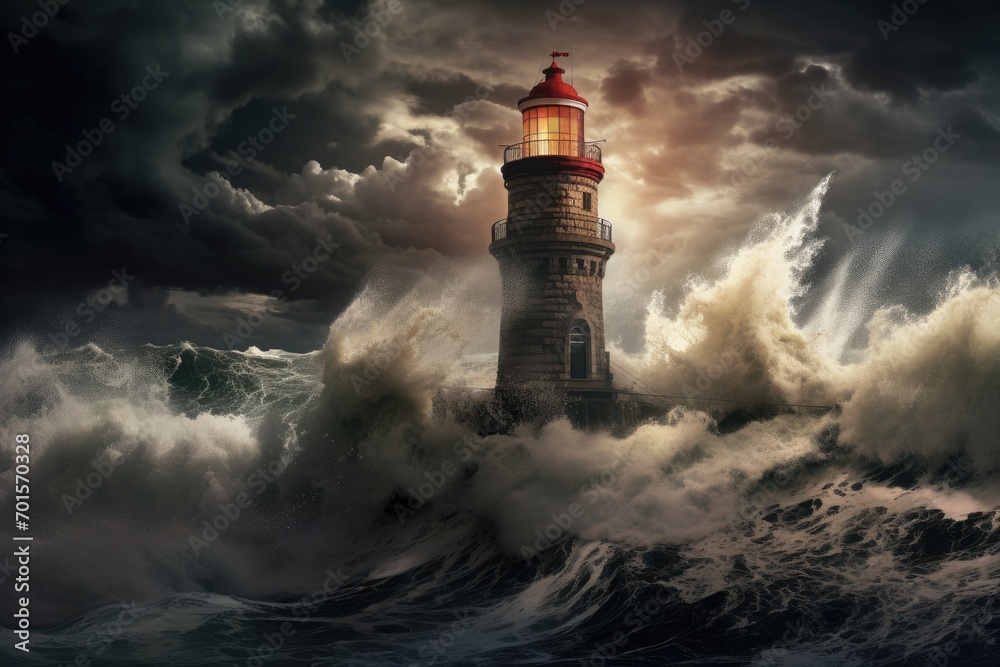 Lighthouse in stormy sea at sunset. 3D rendering, An old lighthouse during a violent storm with crashing waves, AI Generated