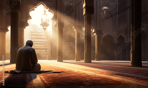 Islamic people alone in mosque kneeling on deep consentration for pray, facing Mecca, natural light by sun, back view AI image Generative