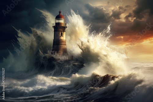 Lighthouse on stormy sea. 3d rendering. Elements of this image furnished by NASA, An old lighthouse during a violent storm with crashing waves, AI Generated