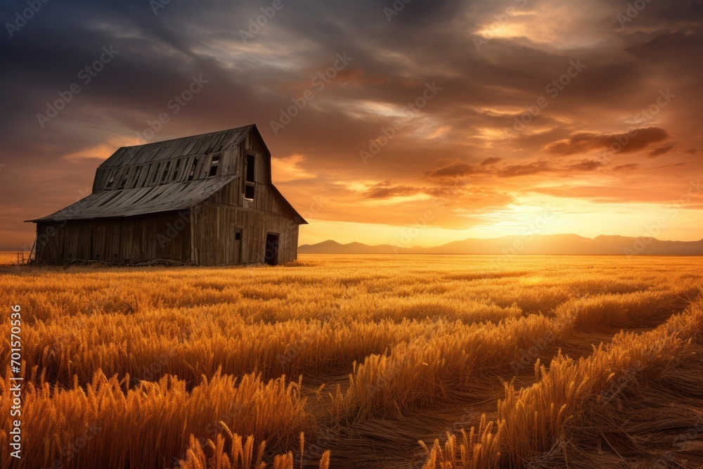 Abandoned barn and wheat field at sunset, 3d render, An old rustic barn in wheat field under setting sun, AI Generated Abandoned barn and wheat field at sunset, 3d render, An old rustic barn in wheat field under setting sun, AI Generated