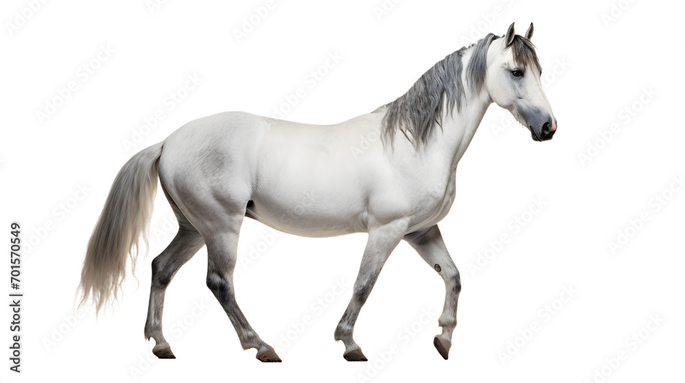A majestic mustang horse stands tall, its white coat shining in the sunlight, as it gazes confidently ahead with its grey mane and tail flowing behind