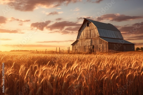 Sunset over an old barn in a wheat field in the countryside, An old rustic barn in wheat field under setting sun, AI Generated