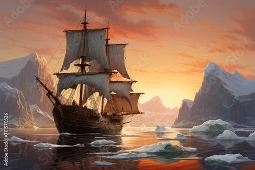 Sailing ship on the sea at sunset. 3D illustration, An old sailing ship navigating through towering icebergs, AI Generated