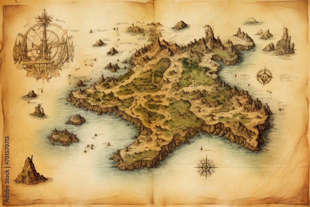 Φωτογραφία Old map with an anchor on the background of the sea and mountains, An old treasu