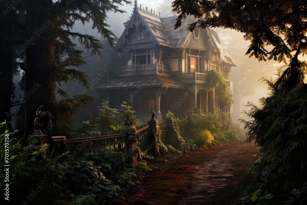 Mysterious and mysterious old house in the misty forest, An old victorian house on a misty morning, AI Generated Mysterious and mysterious old house in the misty forest, An old victorian house on a misty morning, AI Generated