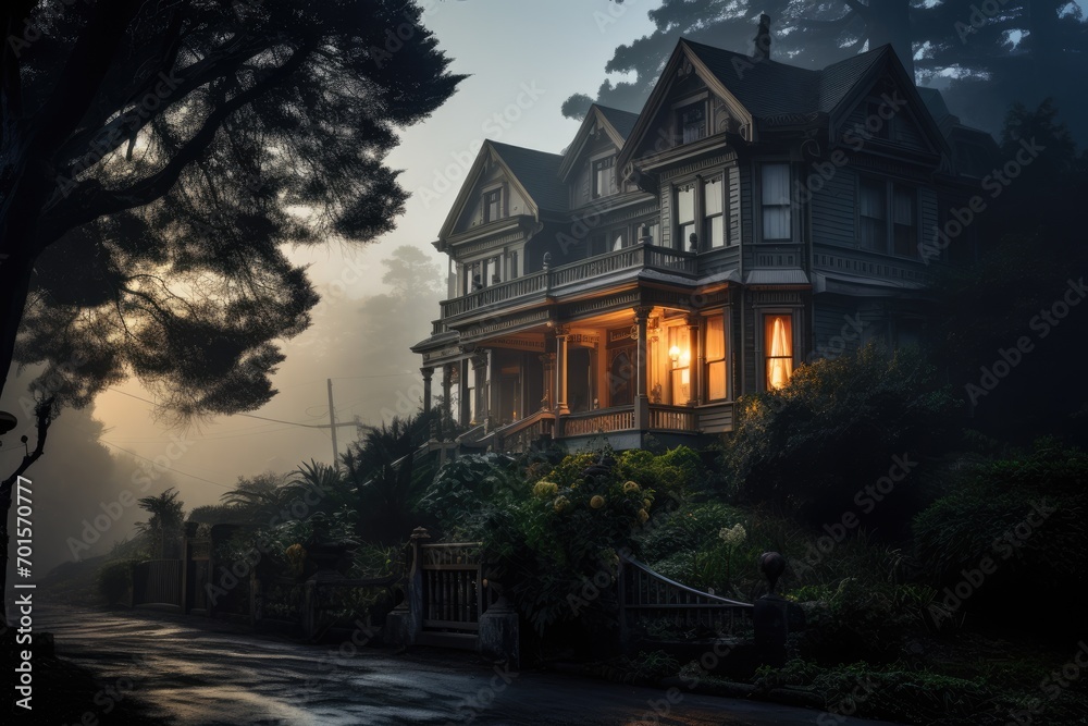 Old house in the foggy morning, Dalat, Vietnam, An old victorian house on a misty morning, AI Generated
