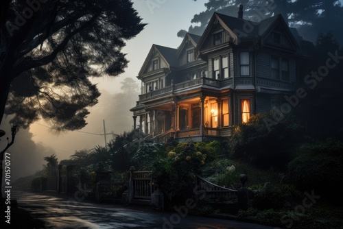 Old house in the foggy morning  Dalat  Vietnam  An old victorian house on a misty morning  AI Generated
