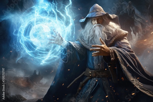 Fantasy image of a wizard with a magic wand. Halloween, An old wizard casting a spell, with magical energy swirling around him, AI Generated photo
