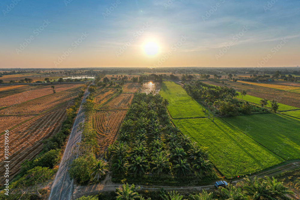 Morning sunrise view in rural Phetchaburi Province of Thailand.