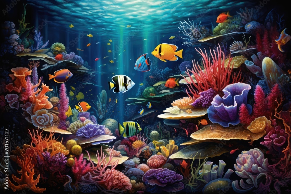 Naklejka premium Underwater scene with coral reef and fishes. 3D illustration, An underwater scene showcasing a myriad of sea creatures, AI Generated