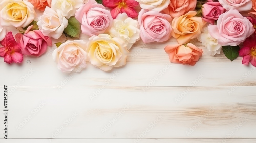 Top view rose flowers frame decoration copy space on wooden white background. Generate AI image