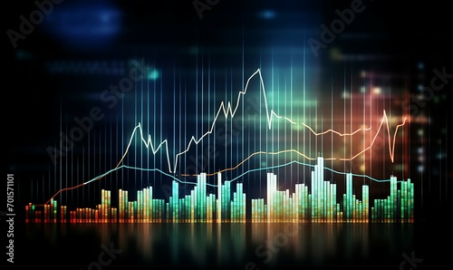 Panoramic city view, Market chart of business investment financial data profit, stock market and trading, business background Ai image generative © Anditya