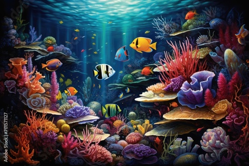 Underwater scene with coral reef and fishes. 3D illustration, An underwater scene showcasing a myriad of sea creatures, AI Generated