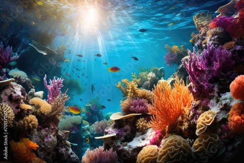 Underwater world with corals and fish. 3D illustration, An undersea coral reef teeming with vibrant marine life, AI Generated © Iftikhar alam
