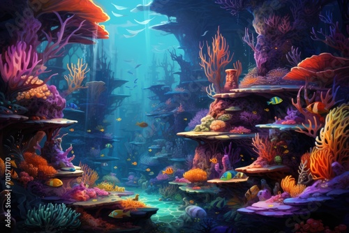 Underwater world with corals and tropical fish. 3D rendering, An underwater scene teeming with vibrant marine life, AI Generated