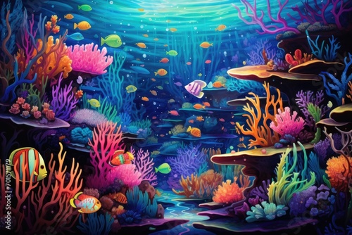 Underwater scene with corals and tropical fish. Underwater world, An underwater scene teeming with vibrant sea creatures, AI Generated