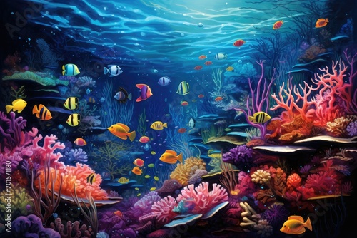 Underwater world with colorful corals and tropical fish. 3D rendering, An underwater scene teeming with vibrant sea creatures, AI Generated