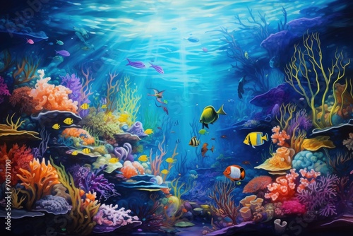 Underwater world with corals and tropical fish. 3d rendering, An underwater world, depicting the vibrant life beneath the sea, AI Generated