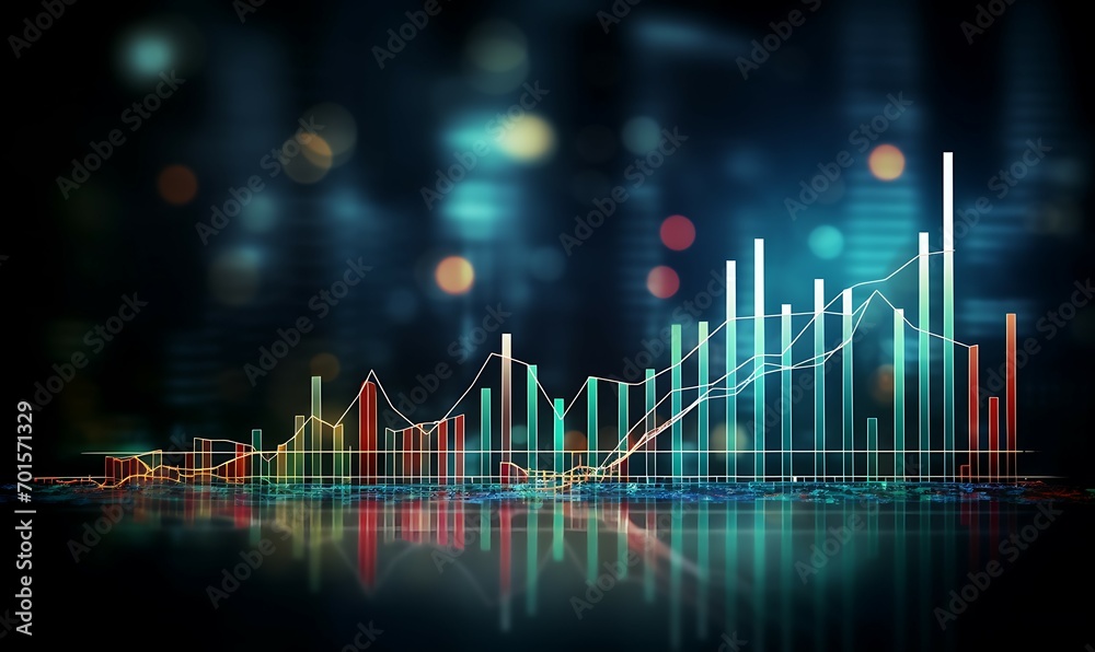 Panoramic city view, Market chart of business investment financial data profit, stock market and trading, business background Ai image generative - obrazy, fototapety, plakaty 