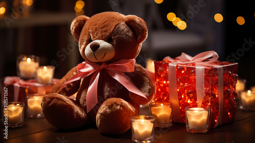 Romantic Valentine's Day Setting with Teddy Bear and Elegant Gifts - Cozy Love Celebration Theme, AI-Generated © PixelFusion Creation