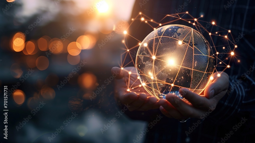 Businessman hold global business globe with network connected to digital marketing strategy and creative solution. Business development technology to support creativity idea