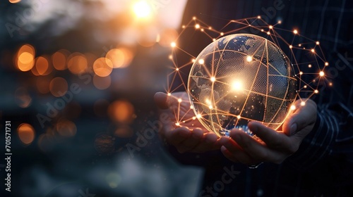 Businessman hold global business globe with network connected to digital marketing strategy and creative solution. Business development technology to support creativity idea photo