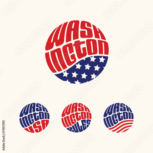 Washington USA patriotic sticker or button set. Vector illustration for travel stickers, political badges, t-shirts.