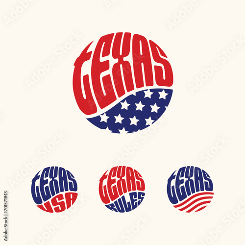 Texas USA patriotic sticker or button set. Vector illustration for travel stickers, political badges, t-shirts.