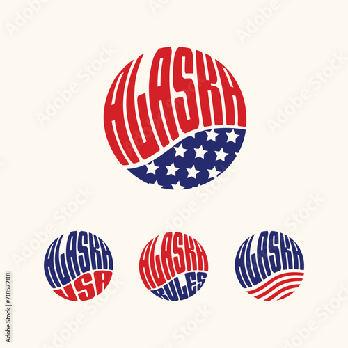Alaska USA patriotic sticker or button set. Vector illustration for travel stickers, political badges, t-shirts.