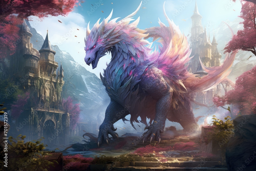 Fototapeta premium Fantasy landscape with fantasy dragon and castle. 3D illustration, A fantasy realm alive with mythical creatures, AI Generated