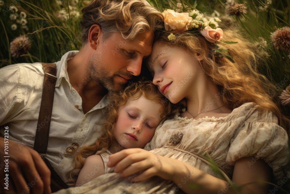 Father and daughter hugging in the meadow. Happy family. Love concept, A family portrait in a lush summer field, AI Generated Father and daughter hugging in the meadow. Happy family. Love concept, A family portrait in a lush summer field, AI Generated