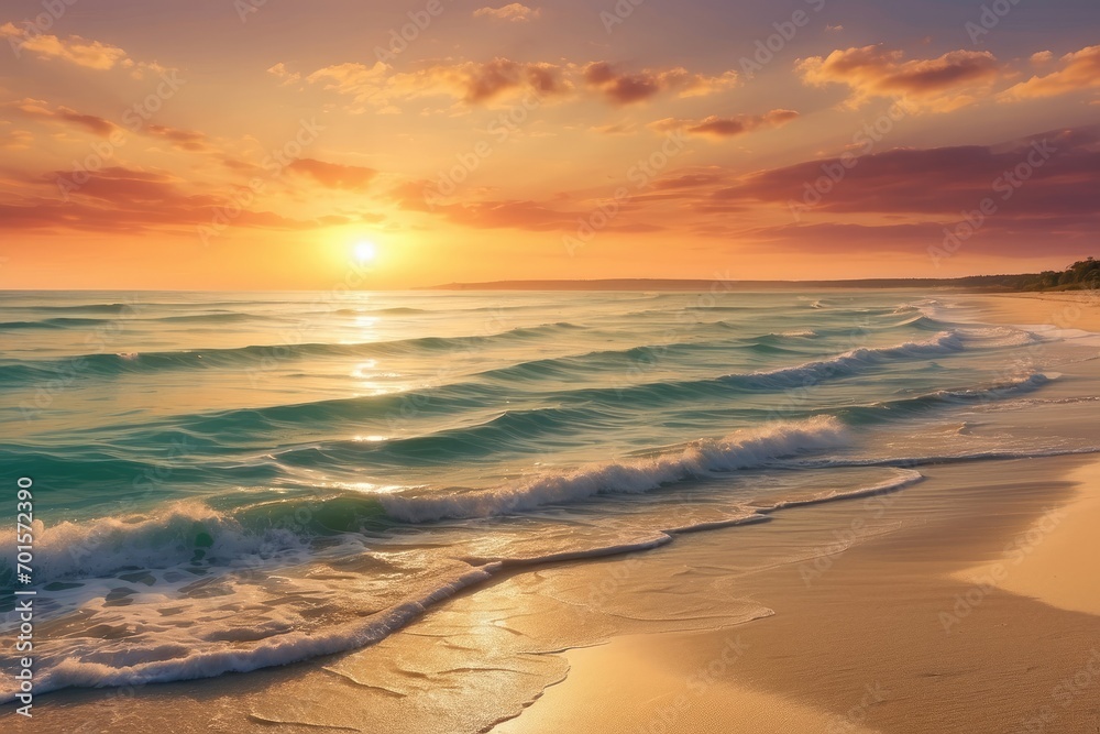 Sandy beach close-up by the sea with crashing waves, vibrant landscape panoramic view, tropical horizon seascape, calm, and relaxing summer mood under the orange and golden sunset sky generative ai