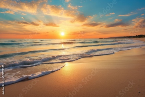 Sandy beach close-up by the sea with crashing waves, vibrant landscape panoramic view, tropical horizon seascape, calm, and relaxing summer mood under the orange and golden sunset sky generative ai © VistaVisions