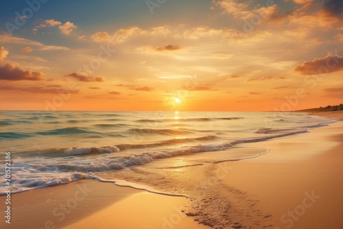 Sandy beach close-up by the sea with crashing waves, vibrant landscape panoramic view, tropical horizon seascape, calm, and relaxing summer mood under the orange and golden sunset sky generative ai