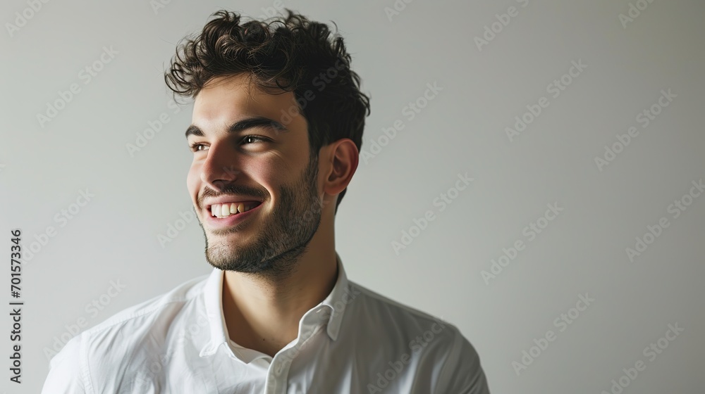 Obraz premium Close-up of confident businessman in white shirt, looking left and smiling satisfied, standing over white background