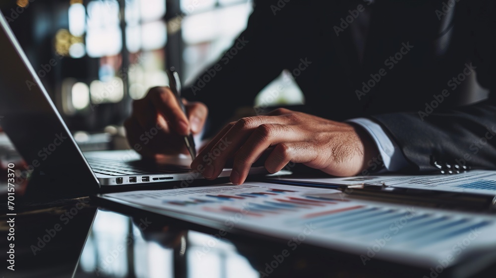 closeup of male hand analyzing business report on black desk closeup of male hand analyzing business report on black desk