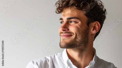 Close-up of confident businessman in white shirt, looking left and smiling satisfied, standing over white background