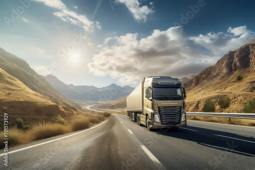 A semi-truck moves along the road amidst a stunning sunset. Witness the transportation scene through AI Generative artistry.