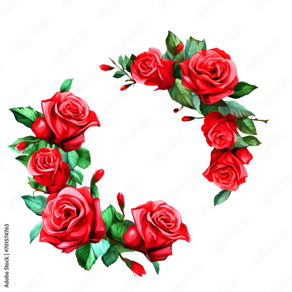 Fototapeta premium Watercolor Red Roses Flowers Wreath Clipart isolated on Transparent Background. Hand Drawn Watercolor Roses Flowers Png. 