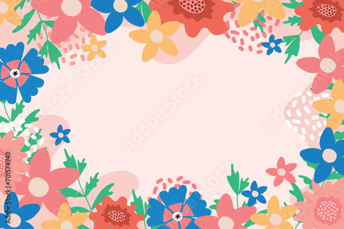 Minimalistic floral background with pink and blue flowers and green twigs.