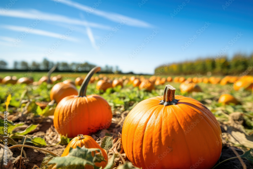 The beauty of fall captured in a rural pumpkin patch with a radiant Halloween pumpkin. Discover the natural magic of October is AI Generative.