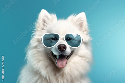 Elevate your design with a fashionable dog wearing playful sunglasses on a modern light blue background. Bold, colorful, and hip pet accessory is AI Generative. © Alisa