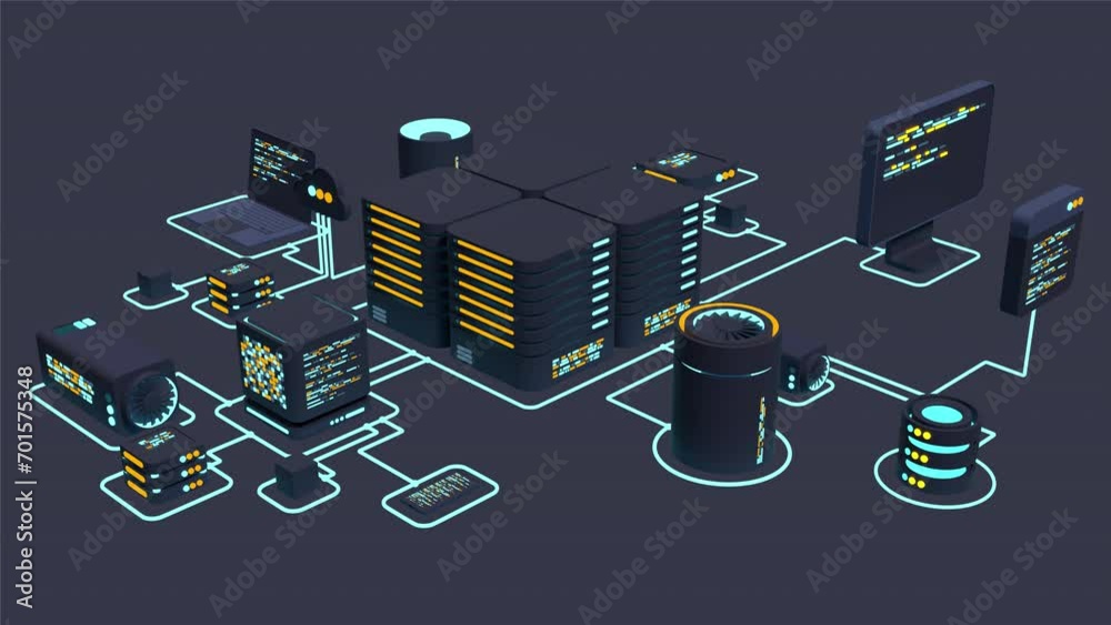 Computer technology 3D animation. Computation of big data center. Cloud computing. Online devices upload and download information